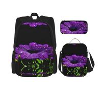 DEXNEL Mochila de gran capacidad con diseño de rosas silvestres, bolsa de almuerzo, estuche para lápices, juego de 3 piezas, Margarita morada, Talla única