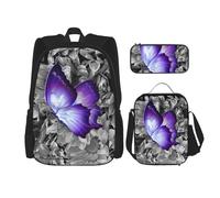 DEXNEL Mochila de gran capacidad con diseño de rosas y flores, bolsa de almuerzo, estuche combinado, juego de 3 piezas, Mariposa Púrpura, Talla única