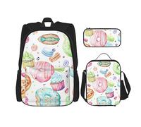 DEXNEL Mochila de gran capacidad con estampado de vaca, bolsa de almuerzo, estuche para lápices, juego de 3 piezas, Cupcakes Donuts Muffins Azúcar, Talla única