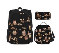 DEXNEL Mochila de gran capacidad con estampado de vaca, bolsa de almuerzo, estuche para lápices, juego de 3 piezas, Lindos búhos de dibujos animados marrones, Talla única, moderno