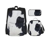 DEXNEL Mochila de gran capacidad con estampado de vaca, bolsa de almuerzo, estuche para lápices, juego de 3 piezas, Cuero vacuno, Talla única