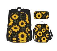 DEXNEL Mochila floral de girasol con fiambrera, juego de 3 mochilas escolares a juego para aplicación en el universo, NEGRO, One Size, Juego de mochila escolar