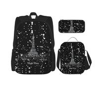 DEXNEL Night Paris - Mochila de la Torre Eiffel con fiambrera, juego de 3 mochilas escolares a juego para aplicación en el universo, NEGRO, One Size, Juego de mochila escolar