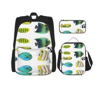 DEXNEL Ocean Tropical Fish Mochila con fiambrera, juego de 3 mochilas escolares a juego para aplicación en el universo, NEGRO, One Size, Juego de mochila escolar