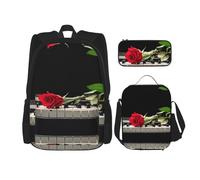 DEXNEL Red Rose On Piano - Mochila con fiambrera, juego de 3 mochilas escolares a juego para aplicación en el universo, NEGRO, One Size, Juego de mochila escolar