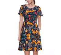DEXNEL Vestido elegante de verano de manga corta con diseño de búho, conejo, pájaros, zorro, vestidos casuales elegantes para mujer, Negro, L