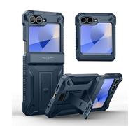 Dexno Funda para Samsung Galaxy Z Flip 6 con Stent & Protección de Bisagras & Pantalla Delantera Película Protectora, Parachoques Robusta de Doble Capa Carcasa para Galaxy Z Flip 6 - Azul Marino