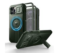 Dexnor Funda Magnética Compatible con iPhone 12/12 Pro con Tapa Deslizante de Cámara & Soporte Ajustable & Película Protectora de Pantalla Incorporada, Carcasa Fuerte Parachoques - Militar Verde