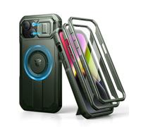 Dexnor Funda Magnética Compatible con iPhone 13/14 con Tapa Deslizante de Cámara & Soporte Ajustable & Película Protectora de Pantalla Incorporada, Carcasa Fuerte Parachoques - Militar Verde