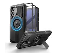 Dexnor Magnética Funda para Moviles Samsung Galaxy S24 FE con Tapa de la Cámara & Soporte Ajustable & Película Protectora de Pantalla Incorporada, Parachoques Resistente Terremotos Carcasa - Negro