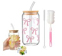 DEXYZZY Elegante vaso de cristal de 16 oz con tapa y pajita, vaso de cristal con tapa y pajita de cristal, 500 ml, vasos elegantes, reutilizables y estéticos (juego de patrón de lazo)
