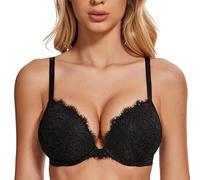 Deyllo Mujer Sujetador Push Up élégant Encaje Pestañas con Aros Profundo Negro 95B
