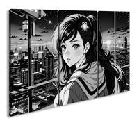 deyoli Neo-Tokyo Soñadora con estrellas en la mirada, formato de las luces Cyberstadt, formato: 120 x 80 cm (3 partes), efecto: blanco y negro como lienzo, diseño enmarcado en marco de madera