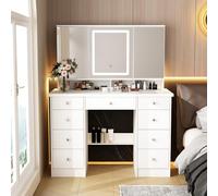 DEZAGCE Tocador con iluminación LED, mesa cosmética con espejo rectangular de gran tamaño, 9 cajones, tocador, tocador, gran espacio de almacenamiento, blanco, MDF, 50 x 110 x 137 cm