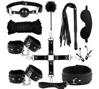 DFADSVCNM Conjunto de bondage BDSM de 10 piezas, esposas, collar con correa, pinzas for pezones, látigo, venda for los ojos, mordaza de bola for hombres, mujeres, parejas, conjunto sexual