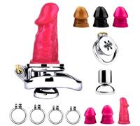 DFADSVCNM Jaula de castidad plana de metal for pene con consolador de silicona SM, cinturón de castidad negativo, juego sexual for hombres y lesbianas.(Pink,Dildo L/45 Ring)