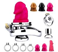 DFADSVCNM Jaula de castidad plana de metal for pene con consolador de silicona SM, cinturón de castidad negativo, juego sexual for hombres y lesbianas.(Pink,Dildo M/50 Ring)
