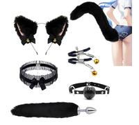 DFADSVCNM Juego de 5 piezas de cuentas anales de acero inoxidable con cola de zorro, pinzas for pezones, mordaza, collar con orejas de gato, juguetes sexuales eróticos SM for mujeres y parejas.