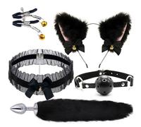 DFADSVCNM Juego de 5 piezas de cuentas anales de acero inoxidable con cola de zorro, pinzas for pezones, mordaza, collar con orejas de gato, juguetes sexuales eróticos SM for mujeres y parejas.