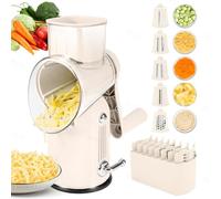DFENGDF Rallador giratorio de queso y rebanador de mandolina con 5 cuchillas intercambiables, corte sin esfuerzo para queso, verduras, frutas, frutos secos, diseño fácil de limpiar para uso en cocina