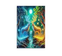 DFENILROP Ciervo Mágico Cuadro De Pared, Bosque a la Luz de la Luna Poster Obra Arte Colgado | Impresión Lienzo Murales, Único Pintura Decor De Hogar Para Salón Dormitorio Regalo 08x12inch(20x30cm)