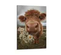 DFENILROP Cuadro Mural, Animal Impresión De Arte, Ternera Con Flores Blancas En Prado,Decoración Rústica Para Hogar, Lienzo Único, Regalo 08x12inch(20x30cm)