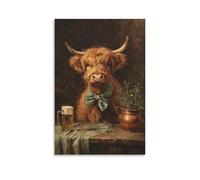 DFENILROP Cuadro Mural, Animal Impresión De Arte, Toro Escocés con Pajarita Verde en Mesa con Cerveza y Hierbas,Decoración Rústica para Cocina o Bar, Lienzo Alta Resolución, Regalo 12x18inch(30x45cm)