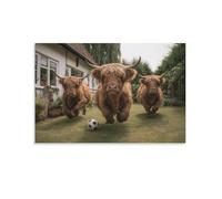 DFENILROP Cuadro Mural, Animal Impresión De Arte, Toros Escoceses Corriendo En Jardín Con Balón,Decoración Divertida Para Hogar, Lienzo Único, Regalo 12x18inch(30x45cm)