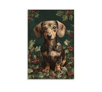 DFENILROP Cuadro Mural, Mascota Impresión De Arte, Perro Salchicha Navideño Con Hojas Y Bayas De Acebo, Ideal Para Decoración De Fiestas, Lienzo Alta Resolución, Regalo 16x24inch(40x60cm)
