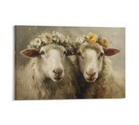 DFENILROP Cuadro Para Pared, Animal Impresión De Arte, Ovejas Con Coronas De Flores, Decoración Rústica Para Hogar, Ideal Para Salón O Dormitorio, Lienzo De Alta Gama, Regalo 20x30inch(50x75cm)