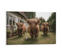 DFENILROP Cuadro Para Pared, Animal Impresión De Arte, Toros Escoceses Corriendo En Jardín Con Balón,Decoración Divertida Para Hogar, Lienzo De Diseño, Regalo 08x12inch(20x30cm)