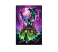 DFENILROP Dragón Azul-Verde Cuadro De Pared, Castillo Medieval Poster Obra Arte Colgado | Impresión Lienzo Murales, Único Pintura Decor De Hogar Para Salón Dormitorio Regalo 20x30inch(50x75cm)