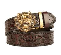 DFGGE Cinturón De Cuero Para Hombre, Hebilla Deslizante Automática De Oro Con Cabeza De León Salvaje Rey Animal Cinturones De Trinquete De 35 Mm Ajustables,Café,110cm/waist:36"~38"