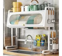 DFGHNBVC Escurridor De Platos Ajustable para Colocar sobre El Fregadero con Tapa, Escurridor De Platos Grande Y Extensible para Encimera De Cocina, 3 Niveles, Blanco - 77 Cm