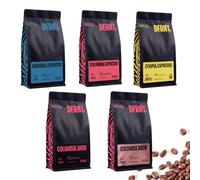 DFRNT. Café de Especialidad en Grano Colombia Espresso, Dark, Brew, Honduras y Etiopía | Pack Starter Plus 5×250g | Pack Degustación Specialty Coffee 100% Arábica Ideal para Cafeteras Espresso