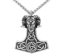 DFWY Collar Colgante de Cabra Martillo Vikingo Mjolnir Thor para Hombres, Tótem de Trinidad Celta Amuleto de Cabeza de Oveja de Acero Inoxidable, Estilo Gótico Escandinavo Nordic Pagan Jewelry