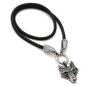 DFWY Collar Colgante de Cuero Viking Wolf Head - Cadena de Cuerda Trenzada de Cuero de Cabeza de Cuervo de Acero Inoxidable para Hombre - Nordic Odin Celtic Wolf Animal Amuleto Joyería