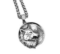 DFWY Collar con Colgante de Acero Inoxidable con Cabeza de Lobo Vikingo para Hombre, Collar de Lobo Nórdico Fenrir, Vintage Odin Wolf Amuleto Collar Moda Punk Street Rock Joyería (Color : Silver)