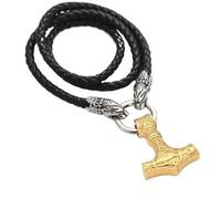 DFWY Hombre Thor's Hammer Wolf Head Necklace, Norse Viking Mythology Odin Mjolnir Talisman Colgante, Vintage Hecho A Mano Cuero Fenrir Cadena Negra Joyería(Gold,60CM)