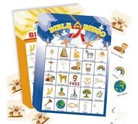 DFXIU 33 tarjetas de juego de bingo de la Biblia, actividades familiares de bingo cristiano, decoración de fiesta para iglesia dominical cristiana, 24 jugadores para juegos de fiesta para adultos