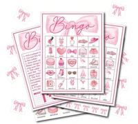 DFXIU Tarjetas de juego de bingo rosa, regalos de fiesta de cumpleaños para el día de San Valentín y niñas, tarjetas de actividades divertidas para 24 jugadores con tema de nudo de lazo
