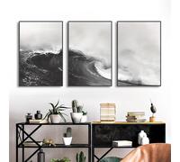 DFZEWKI Cuadro de olas del océano en blanco y negro, obra de arte para pared, póster de paisaje marino natural, impresión HD, imagen para sala de estar (40x50cm (16x20in) x3/Sin marco)