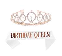 Dgasin Tiara rosa de cumpleaños y faja blanca con corona de princesa, suministros para fiesta de cumpleaños 5, 6, 7, 8, 10, 12, 13, 15, 18, 20, 21, 30, 40, 50, cumpleaños