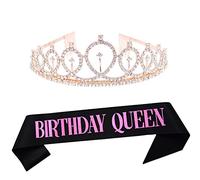 Dgasin Tiara rosa de cumpleaños y faja negra con corona de princesa, suministros para fiesta de cumpleaños 5, 6, 7, 8, 10, 12, 13, 15, 18, 20, 21, 30, 40, 50, cumpleaños