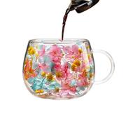 Dgayaeic Vasos Doble Pared Vidrio | Tazas con pétalos coloridos de 250 ml,Vaso De Vidrio Aislante Con Asa Y Flor Seca - para Casa Oficina Bar y Té Frío con Hielo y Agua Caliente