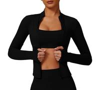 DGSHIRLDJO Chaqueta Deportiva Mujer Ajustada con Bolsillos Cremallera y Agujeros para Pulgares - Transpirable Mangas Largas (FR/ES, Letras, S, Regular, Regular, Negro)