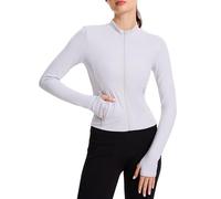 DGSHIRLDJO Chaqueta Deportiva Mujer Ajustada con Bolsillos Cremallera y Agujeros para Pulgares - Transpirable Mangas Largas (FR/ES, Letras, S, Regular, Regular, Blanco)