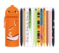DGTSYAL Estuche Escolar de Silicona Blanda 2 en 1+rotuladores borrables, Kawaii, Bolígrafo de Gel borrable Animal, Tinta (Fish +12 Plumas borrables)