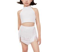 DgtZyrih Traje de Baile Latino de Dos Piezas para niñas con Camisola y Falda con Flecos, Vestido de Baile Fluido con borlas para niñas, Vestido de Baile de salón, Samba y chachachá,Blanca,160