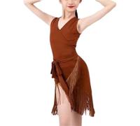 DgtZyrih Vestido de Baile Latino con Flecos para niñas, Ropa de competición de una Pieza, Falda con borlas para niños, Traje de actuación para salón de Baile, Samba, Tango y cha-cha,Marrón,130